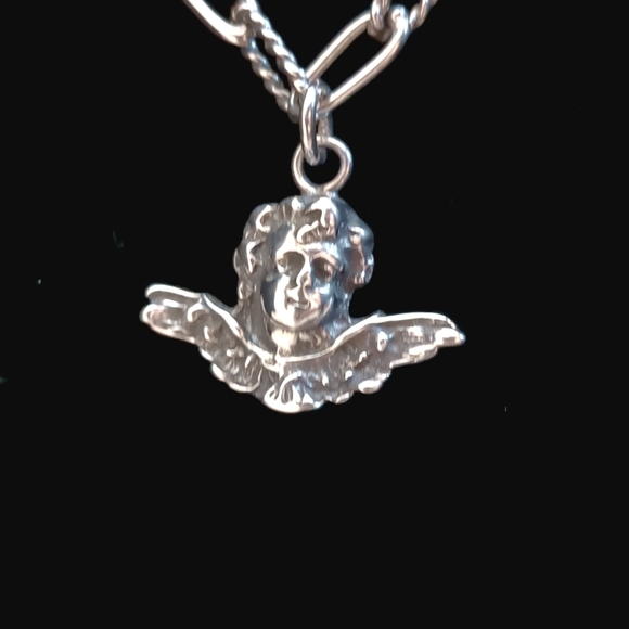 Vintage Foreé Hunsicker Sterling Silver Necklace Engraved Luggage Tags & Cherub - Picture 9 of 16